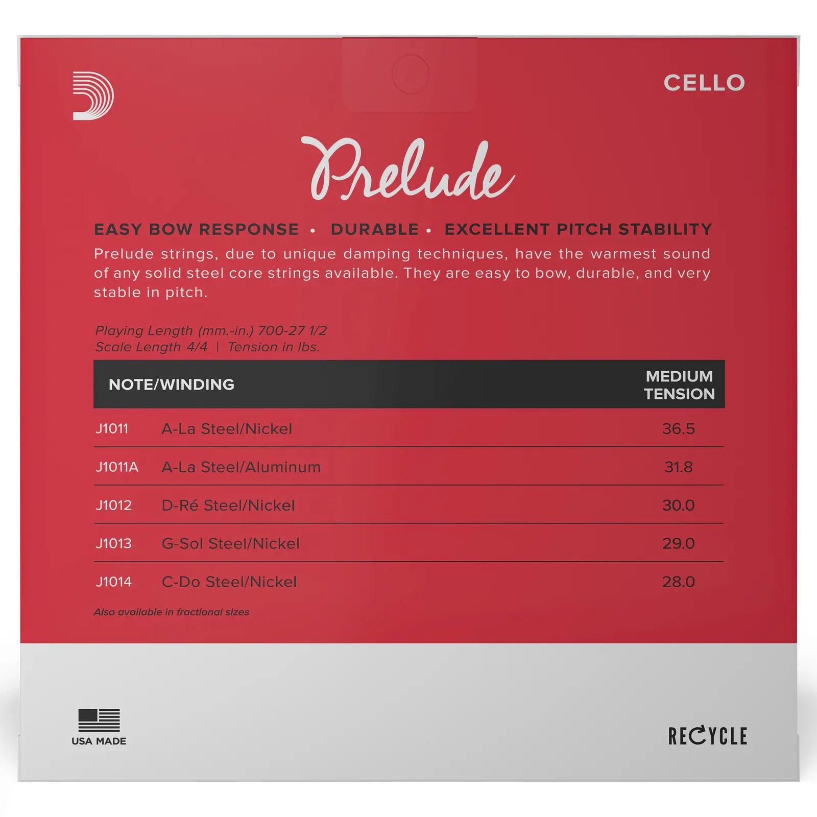Set Cuerdas Cello Prelude 4/4 Med J1010 4/4M Daddario